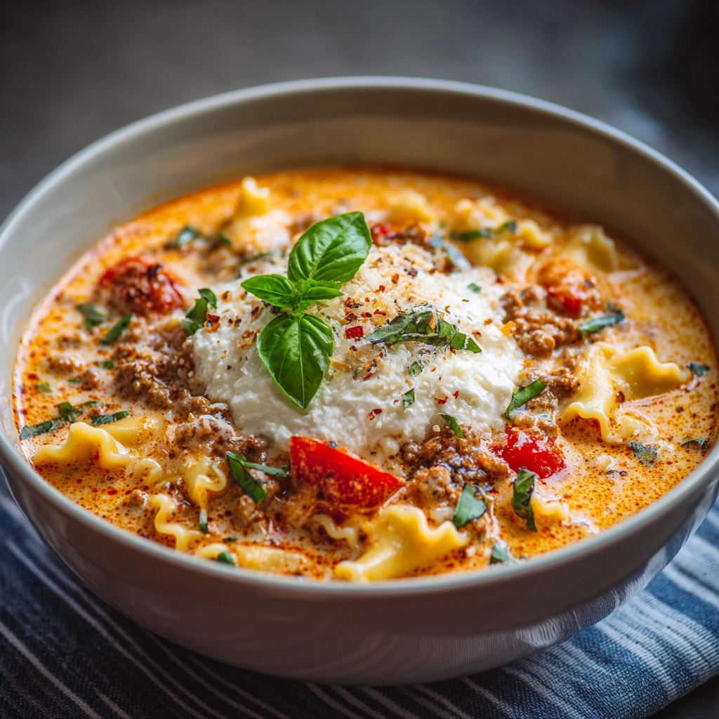 Creamy Lasagna Soup With Ricotta Topping