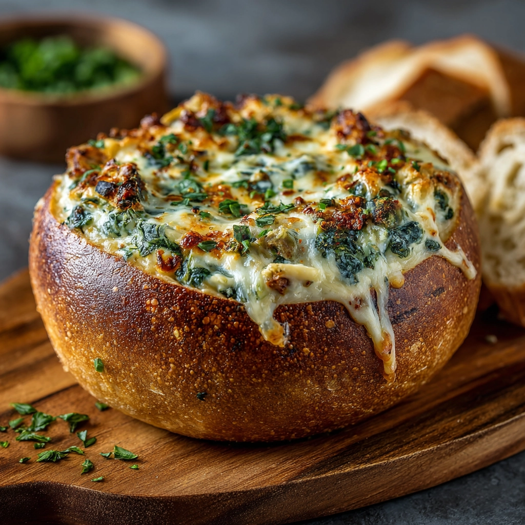 Spinach Artichoke Dip Stuffed Bread Bowl
