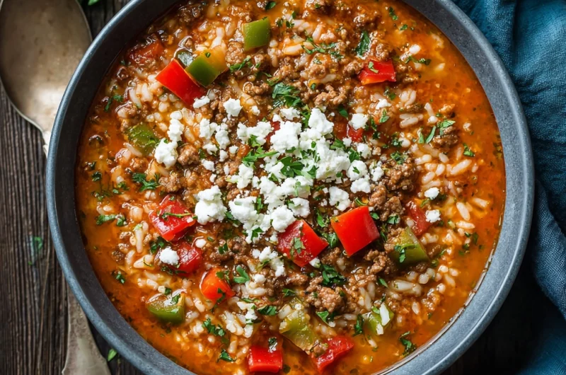 Crockpot Greek Ground Beef & Rice Stuffed Pepper Soup: A Cozy Mediterranean-Inspired Comfort Dish