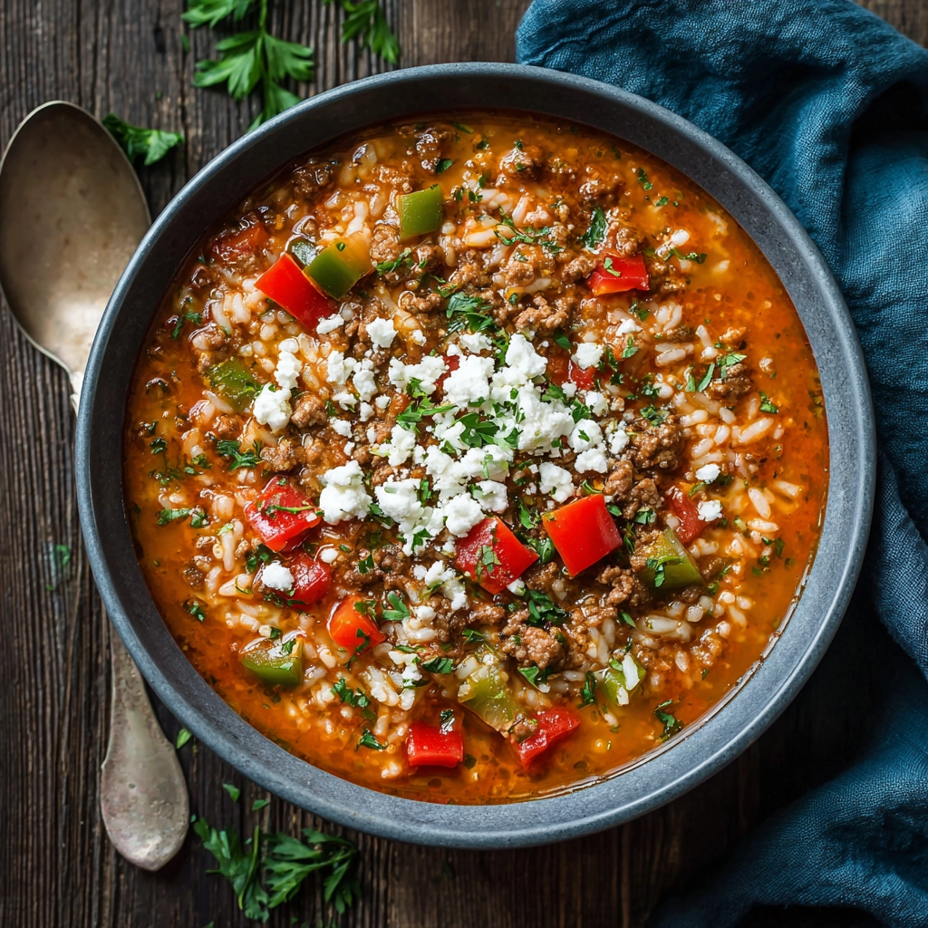 Crockpot Greek Ground Beef & Rice Stuffed Pepper Soup