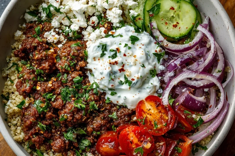 Greek Ground Beef Quinoa Bowl with Feta & Tzatziki
