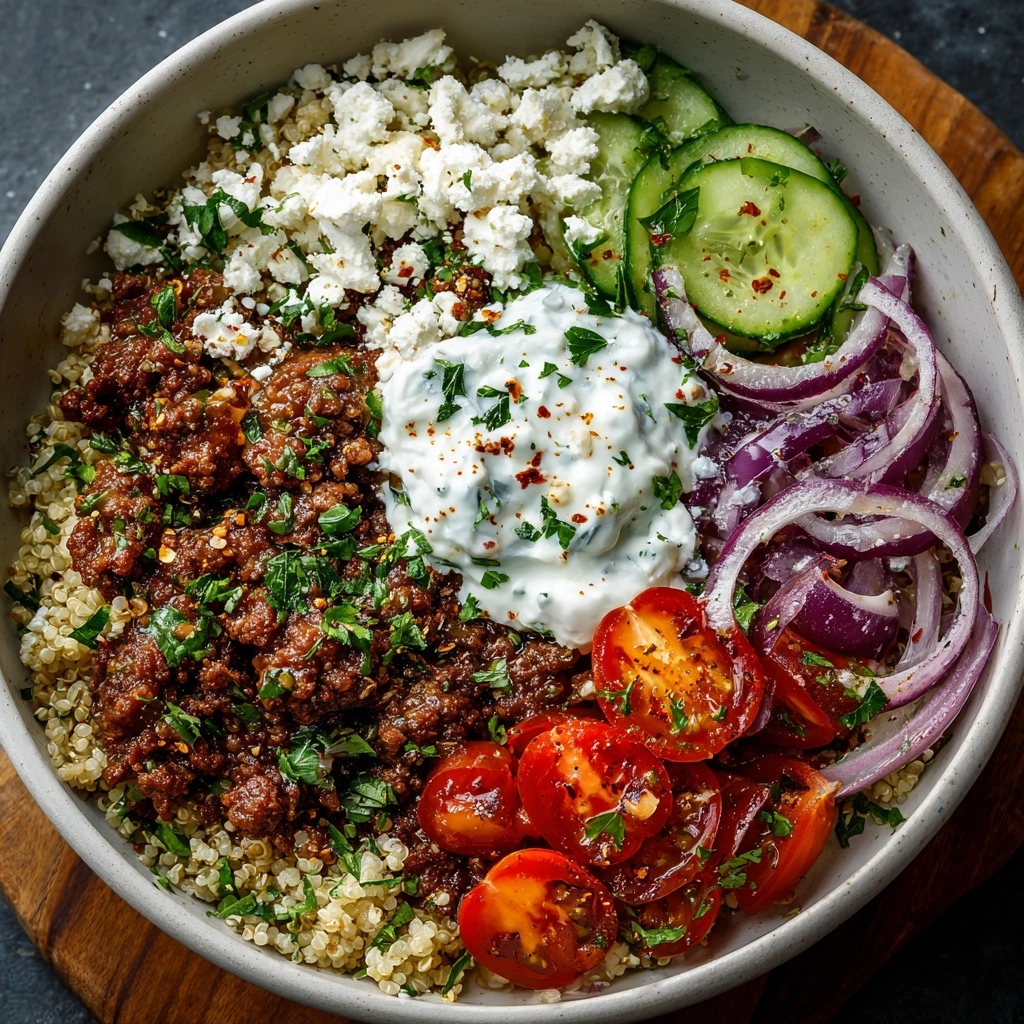 Greek Ground Beef Quinoa Bowl with Feta & Tzatziki