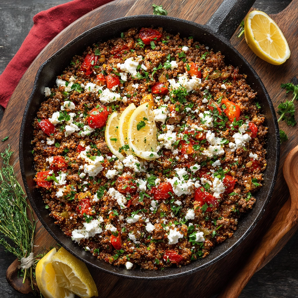 Greek Ground Beef Quinoa Skillet with Feta