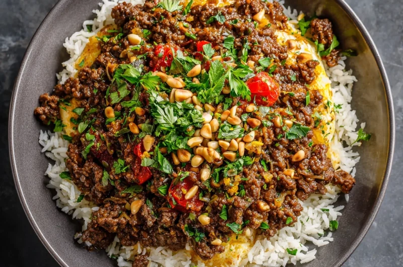 Ground Beef Hashweh: Spiced Beef with Pine Nuts Over Rice