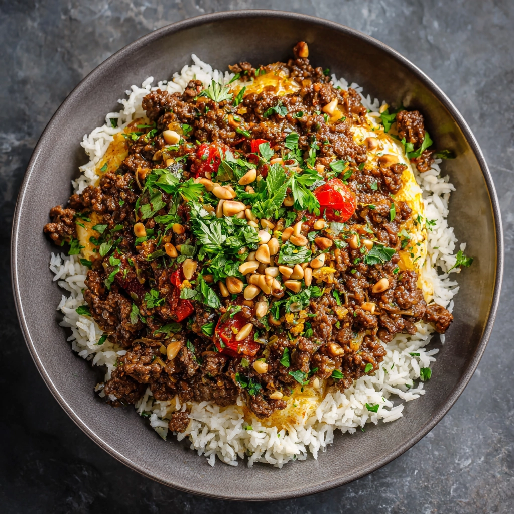 Ground Beef Hashweh Spiced Beef with Pine Nuts Over Rice