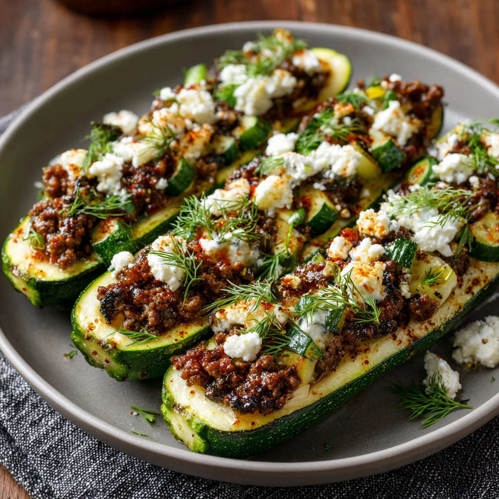 Ground Beef Stuffed Zucchini Boats with Feta & Dill Recipe