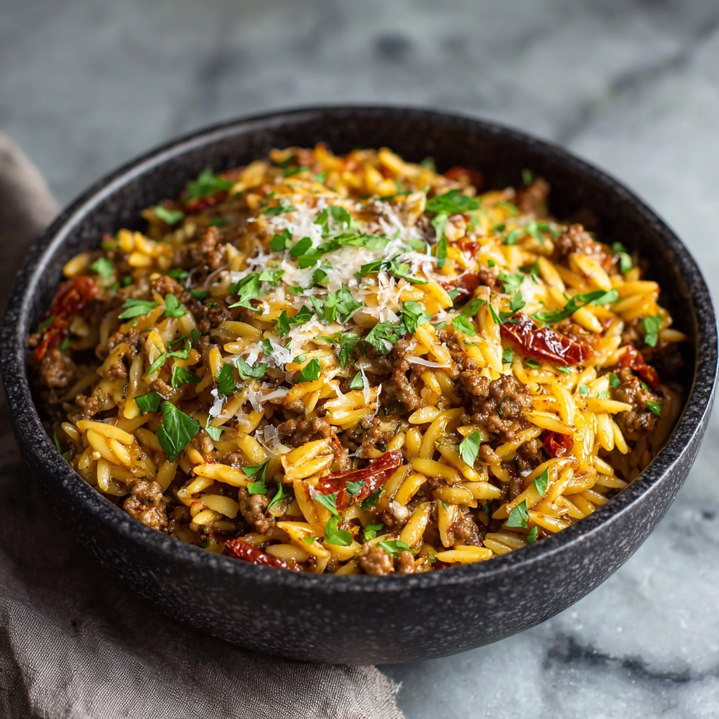 Ground Beef & Sun-Dried Tomato Orzo