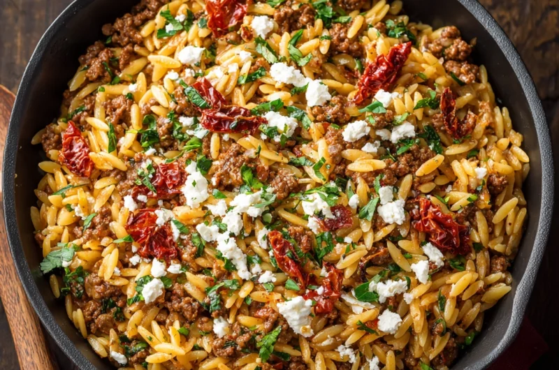 Mediterranean Ground Beef Orzo with Feta & Sun-Dried Tomatoes
