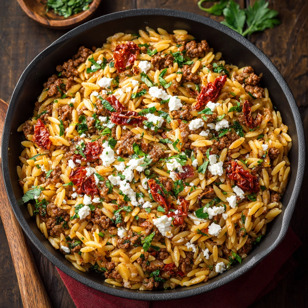 Mediterranean Ground Beef Orzo with Feta & Sun-Dried Tomatoes
